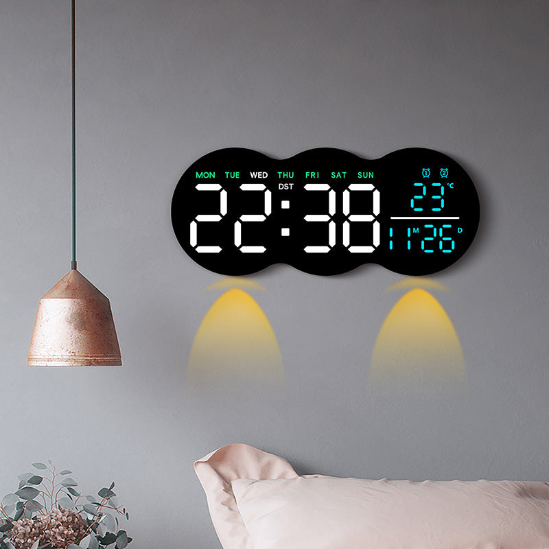 Đồng hồ treo tường phòng khách mới đồng hồ điện tử LED kỹ thuật số với ánh sáng đồng hồ báo thức đa